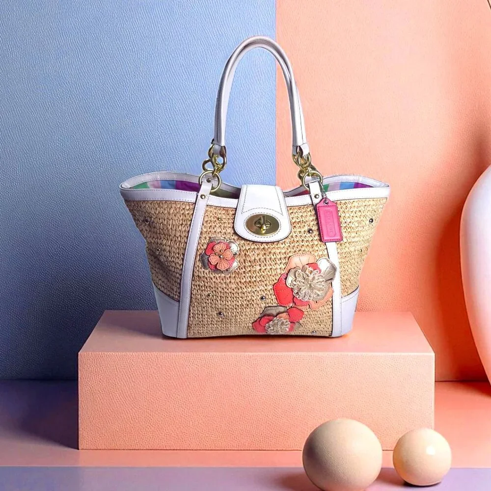 COACH Natalie Floral Straw Basket Bag embellished flower applique peach - Picture 2 of 9